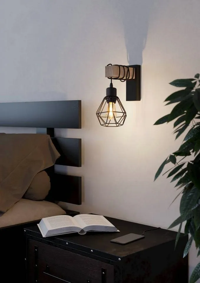 EGLO EGLO Wandleuchte TOWNSHEND 5 Wandlampe, Stahl und Holz, E27, IP20, Wohnzimmerlampe, ohne Leuchtmittel, Wand-/Deckenleuchte, Wohnzimmer, L14 x H27,5 cm, Braun|schwarz, – Produktbild 6 von 8