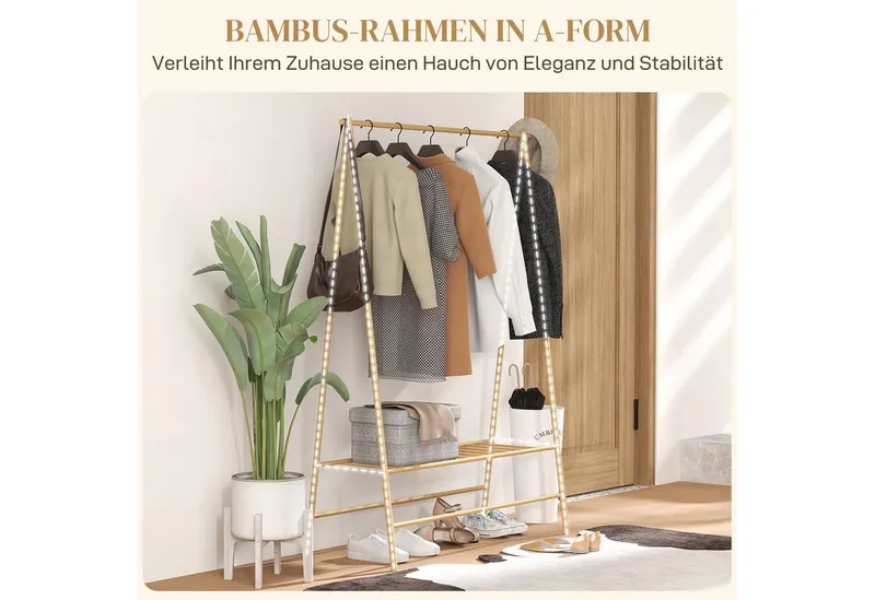 HOMCOM HOMCOM Garderobenständer Kleiderstange, Garderobe aus Bambus, Ausstellungen, Waschküche, (Kleiderbügel, 1 St., Kleiderständer), für Flur, Wohnzimmer Schlafzimmer, 116 x 43,5 x 160 cm, Beige, – Produktbild 5 von 5