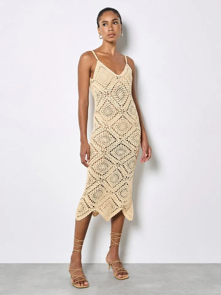 Apricot Apricot Spitzenkleid Handgestricktes Midi-Kleid mit Häkelverzierung, Beige, – Produktbild 3 von 5