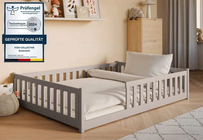 Kids Collective Kinderbett Bodenbett Bett mit Rausfallschutz & Lattenrost Montessori Bett Kinder (Jungen, Mädchen, Kinder, weitere Größen 80x160, 80x180, 90x190, 90x200, 120x200 cm), Jugendbett Gitterbett Einzelbett, Kaschmir Kiefer 140x200 cm, Grau, – Produktbild 2 von 5