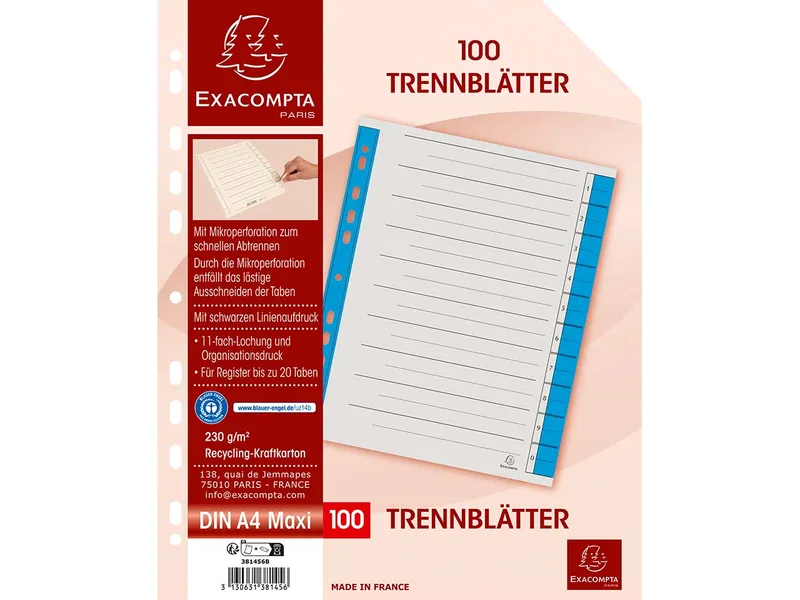 Exacompta 100 Exacompta Trennblätter, mikroperforiert, 230 g/m², DIN A4 Maxi, blau – Produktbild 1 von 1
