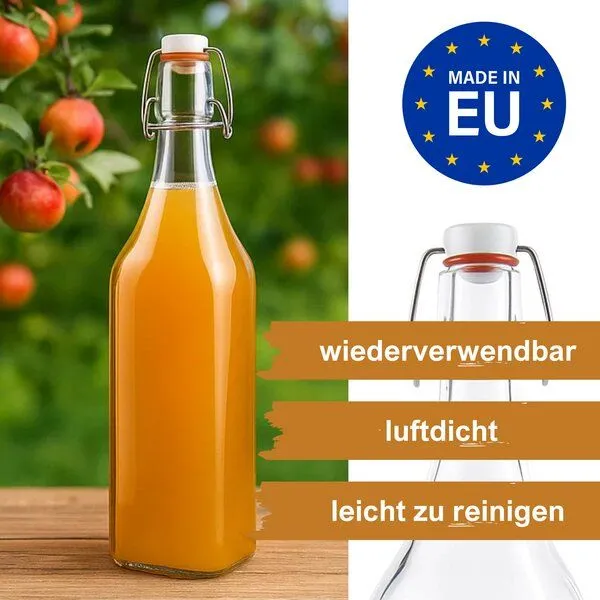 mikken mikken 6er Set Glasflasche eckig mit Bügelverschluss 1000 ml Bügelflasche – Produktbild 2 von 4