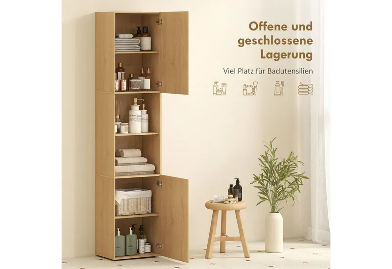 HOMCOM HOMCOM Badkommode Badezimmerschrank mit 2 Türen, 2 offenen Fächern Wohnzimmer (Badschrank, 1 St., Hochschrank), für Badezimmer, Beige, – Produktbild 4 von 4