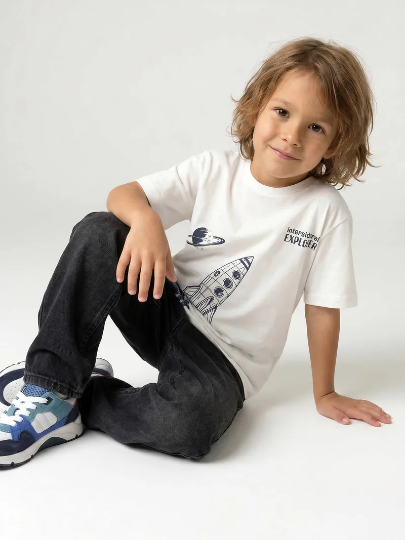 Vertbaudet T-Shirt mit Raketen-Motiv Jungen BASIC, Wollweiß, – Produktbild 1 von 4