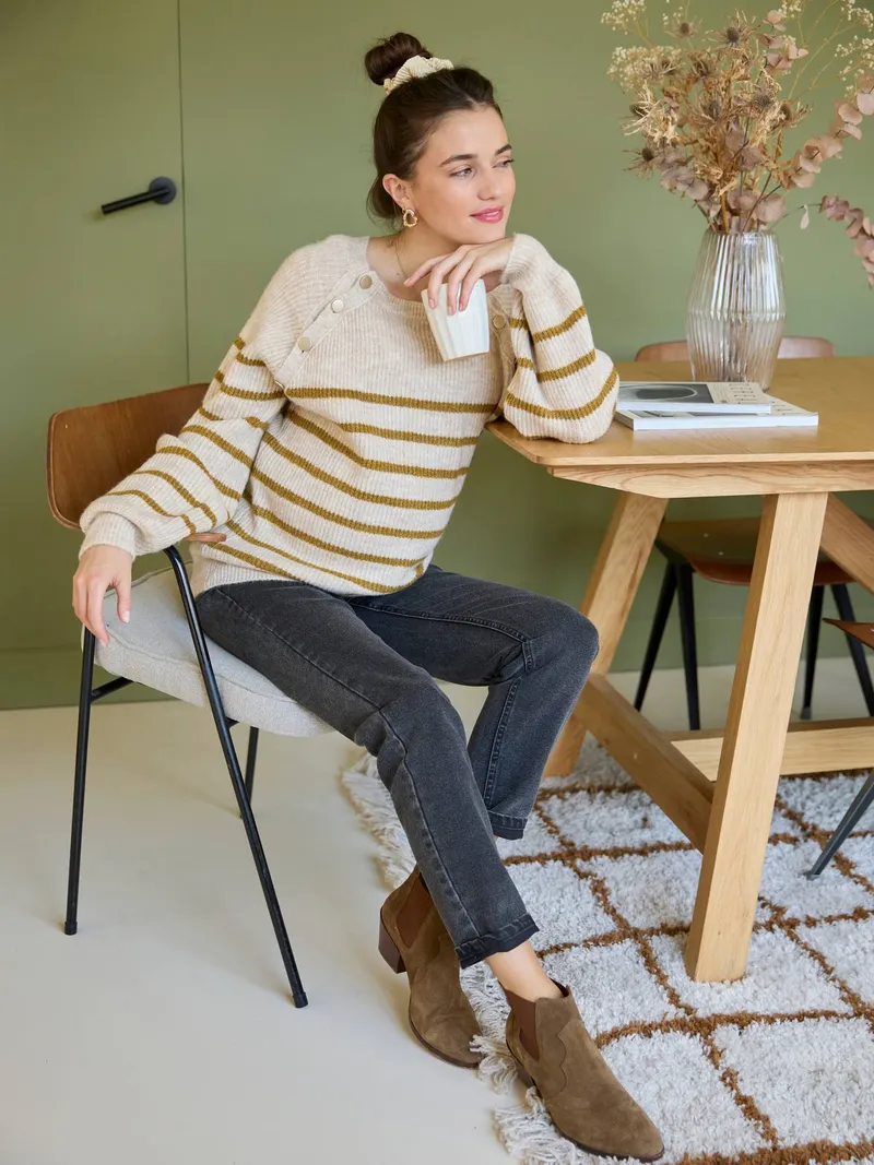 Vertbaudet Umstands-Pullover im Matrosenlook mit Stillöffnung an der Schulter, Beige meliert, – Produktbild 1 von 4