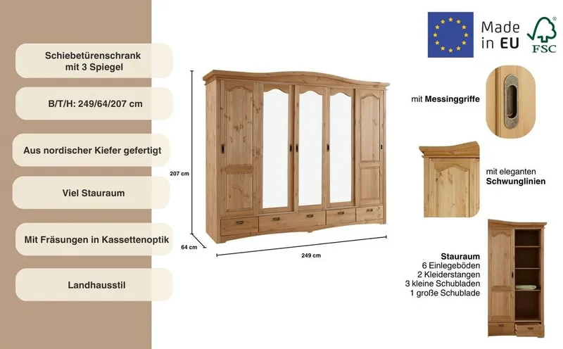 OTTO home Schiebetürenschrank Konrad, Landhausstil, rustikal, mit Schubladen + Spiegel, Kassetten (B/H/T ca. 249 cm x 207 cm x 64 cm) massive Kiefer, FSC®-zertifiziert, Messinggriffe, Beige, – Produktbild 3 von 5