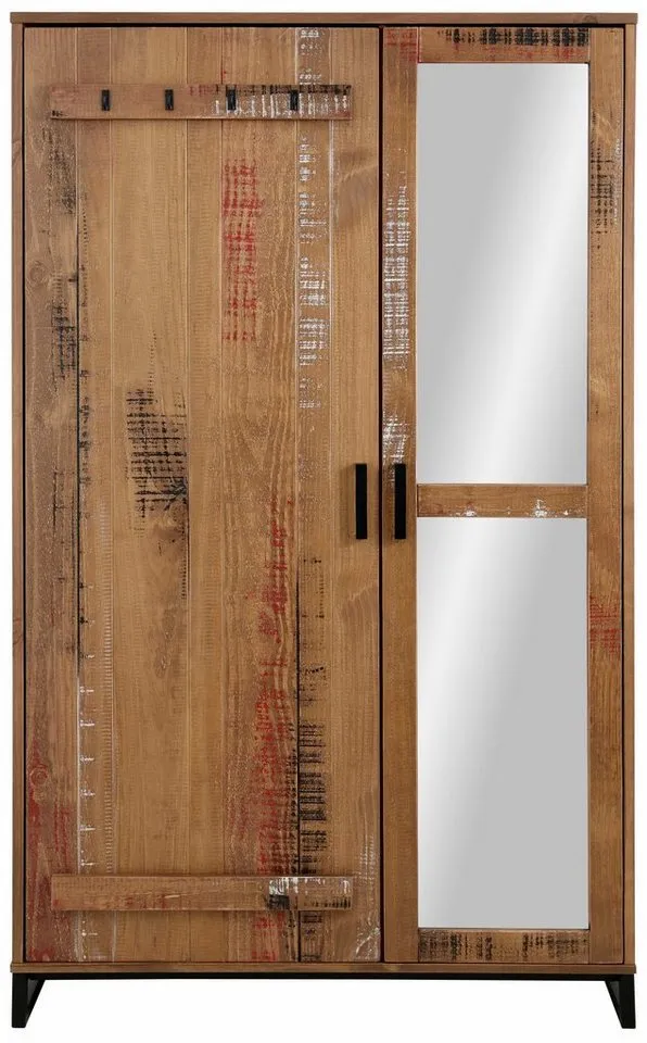 OTTO home Garderobenschrank Santos Kleiderschrank mit 2 Türen, eine davon mit einer Spiegelfront 1 Türfront mit Haken & 1 Spiegeltür, Untergestell & Griffe aus Metall, Braun|bunt, – Produktbild 3 von 5