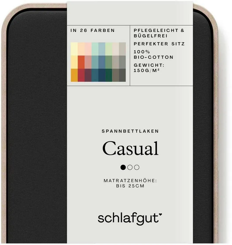 Schlafgut Schlafgut Spannbettlaken CASUAL Bettlaken 100% gekämmte Bio-Baumwolle, 150 g/m², Spannbetttuch, Jersey, Gummizug: rundum, (1 Stück), Bettlaken bis 25 cm Höhe, langlebig, weich, Antipilling-Ausrüstung, Schwarz, – Produktbild 3 von 5