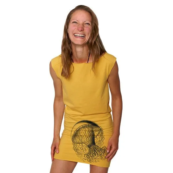 HANDGEDRUCKT HANDGEDRUCKT "Medusa" Bio-Kleidchen, Maisgelb, – Produktbild 1 von 3