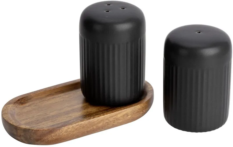 SCHÖNER WOHNEN-Kollektion Salz- / Pfefferstreuer REFIA, (1-tlg), Gewürzstreuer aus Keramik, Tablett aus Akazienholz, Schwarz, – Produktbild 2 von 4
