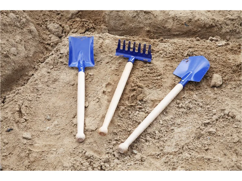 Glückskäfer Glückskäfer Sandspielzeug Metall und Holz, Harke, Schaufel, Spaten 3-teilig Länge 30-39 cm, Blau, – Produktbild 2 von 2