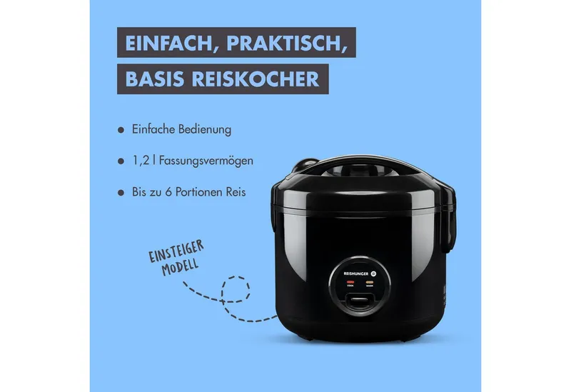 Reishunger Reishunger Reiskocher Basis – 1,2 L – mit Keramikbeschichtung – bis zu 6 Portionen, 500 W, Mit Dampfgarfunktion & Warmhaltefunktion, Schwarz, – Produktbild 1 von 5