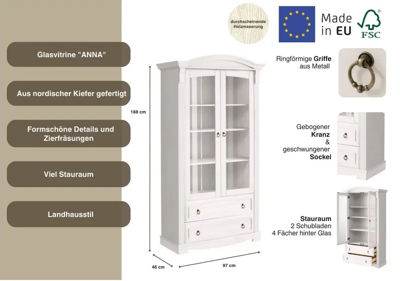 OTTO home Glasvitrine Anna, Standvitrine, Vitrinenschrank, Vitrine (Gesamtmaße (B/T/H): ca. 97/46/188 cm) mit Glastüren, 2 Schubladen, Höhe 188 cm, aus massiver Kiefer, FSC®, Weiß, – Produktbild 4 von 5