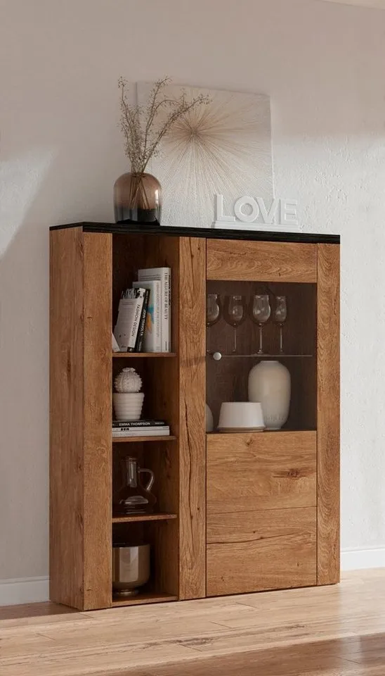 OTTO home Vitrine Larona, zeitlose Glasvitirne, Hochschrank Höhe 145 cm Stauraumvitrine mit dekorativer Rahmenoptik, Braun, – Produktbild 3 von 8