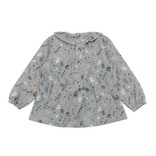 Walkiddy Kinder Bluse GOTS-zertifiziert aus Bio-Baumwolle grün mit Tiny-Flowers und Rüschen – Walkiddy, Grün, – Produktbild 2 von 3
