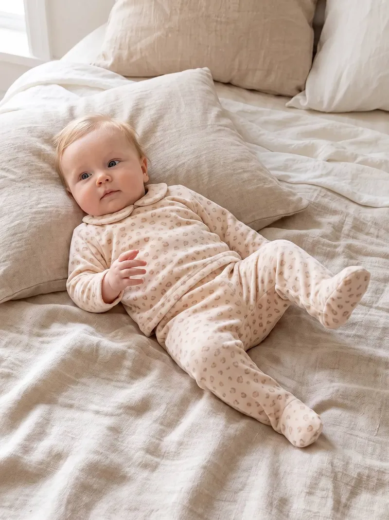 Vertbaudet 2er-Pack Baby Samt-Schlafanzüge, Pack beige meliert leo, – Produktbild 2 von 4