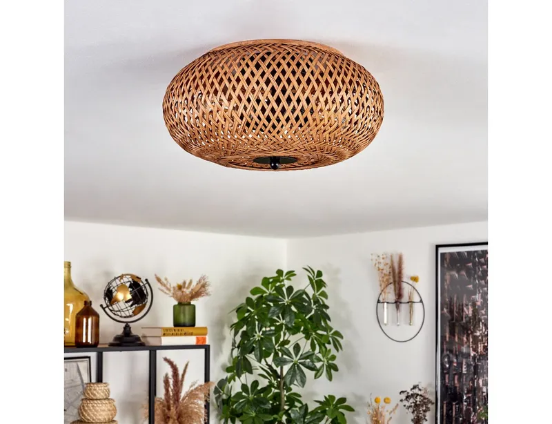 hofstein Deckenleuchte moderne Deckenlampe aus Metall/Bambus/Holz in Schwarz/Natur, ohne Leuchtmittel, Boho-Design Deckenleuchte,Lichteffekt, Ø30cm, 2xE27, ohne Leuchtmittel, Beige|schwarz, – Produktbild 2 von 5