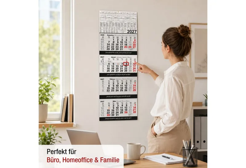 TOBJA Wandkalender 4 Monatskalender 2027 Block 33x96 Zitate Metallöse FSC DE/EN/FR/ES, Block-Format, Zitate Franklin/Kafka, 33x96 cm, Metallöse, 4-sprachig, Schwarz, – Produktbild 3 von 5