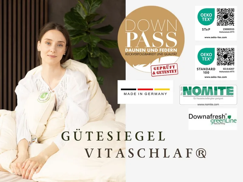 Vitaschlaf Gänsedaunenbettdecke Vitaschlaf® BIO-LUXE-KBA Bettdecken für Sommer Winter Ganzjahresdecke, Füllung: 100% Gänsedaunen, Bezug: 100% BIO-Baumwolle, Bettdecke 135x200 cm, 155x220 cm und weitere Größen, Beige, – Produktbild 5 von 6