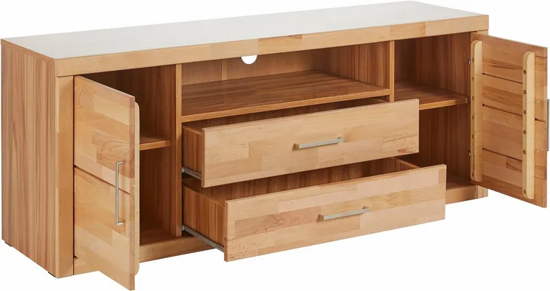 OTTO home Lowboard Logo,160cm breit,42 cm tief, Fronten Massivholz, Kabeldurchführung, Korpus Holzwerkstoff,62 cm hoch, 5 Fächer, Metallgriffe, Braun, – Produktbild 4 von 5