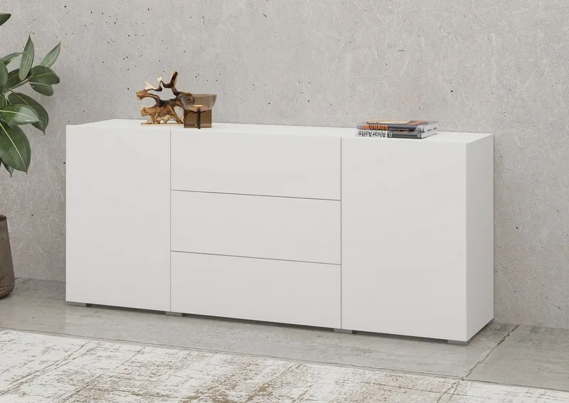 Home affaire Sideboard Ava, Breite 140 cm, hängend und stehend montierbar, moderne grifflose Kommode, Schubladenschrank, 2Türen/3Schubkästen, Weiß, – Produktbild 2 von 5