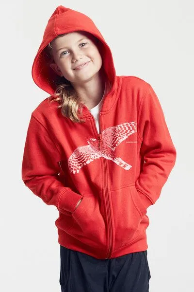Peaces.bio - handbedruckte Biomode Peaces.bio - handbedruckte Biomode Bio-Kinder-Zip-Hoodie "Sperber", Rot, – Produktbild 1 von 4