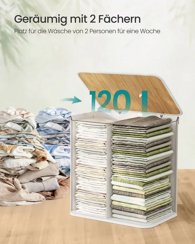 SONGMICS SONGMICS Wäschekorb mit Deckel, Wäschesammler aus Bambus, faltbar, für Waschküche, 2 Fächer, 120 Liter, Wäschesack herausnehmbar, 50 x 40 x 61 cm, Weiß, – Produktbild 4 von 5