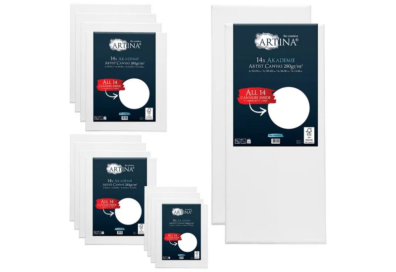 Artina Keilrahmen Akademie Leinwand, 13x18cm, Weiß, 14er Set, FSC, 100% Baumwolle, 280 g/m², vorgrundiert, Galerieheftung & gefaltet, Weiß, – Produktbild 1 von 5