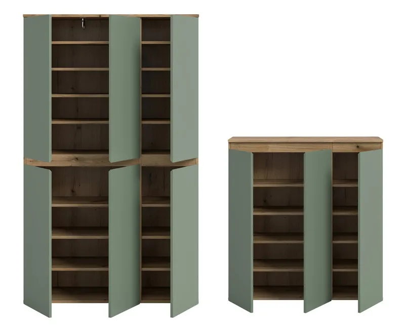 furnling Mehrzweckschrank-Set Sarca - in 5 trendigen Farben, (2-St., bestehend aus Kommode, Universalschrank), 1 Kleiderstange, großzügiger Stauraum durch 28 Fächer, Breite 235 cm, Grün, – Produktbild 4 von 5