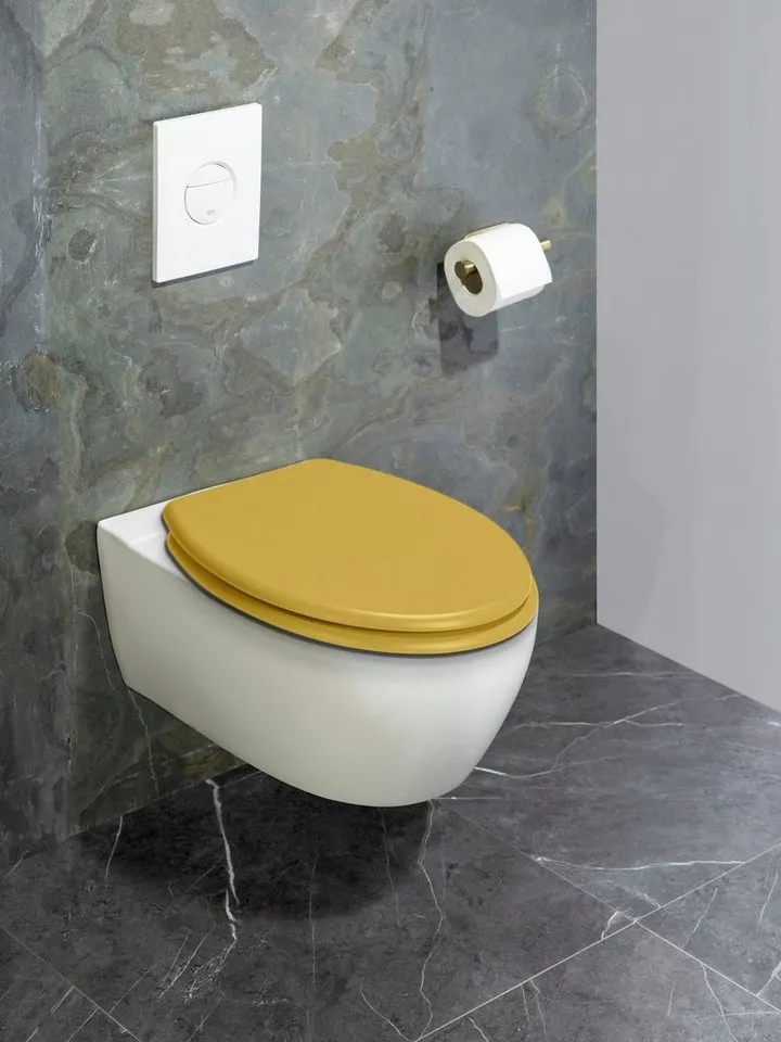 Wenko Wenko WC-Sitz Prima, matt, aus MDF, feuchtigkeitsresistent, Edelstahlbefestigung, Gelb, – Produktbild 2 von 4