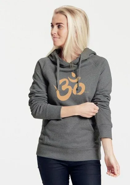 Peaces.bio - handbedruckte Biomode Peaces.bio - handbedruckte Biomode Bio-Damen-Kapuzensweater "Om", Dunkelgrau, – Produktbild 2 von 2