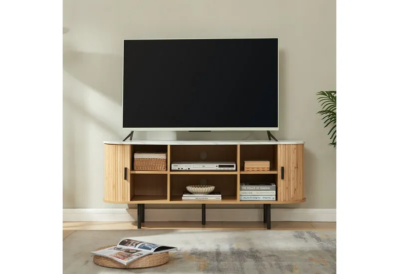 en.casa TV-Schrank »Tvedestrand« mit 2 Türen 140 x 40 x 55 cm Marmorweiß/Natur, Weiß, – Produktbild 2 von 4
