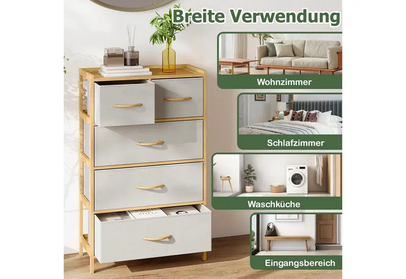KOMFOTTEU Kommode, 5-Schubladen Bambus-Schubladenschrank Aufbewahrungsturm, Beige, – Produktbild 4 von 5