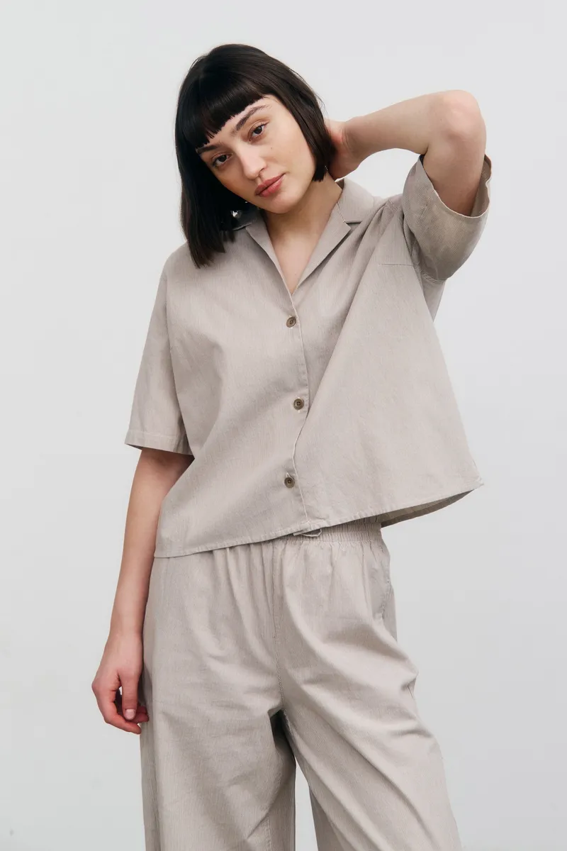 Rotholz Rotholz Damen vegan Hemd Bowling Beige Gestreift, Beige, – Produktbild 3 von 3