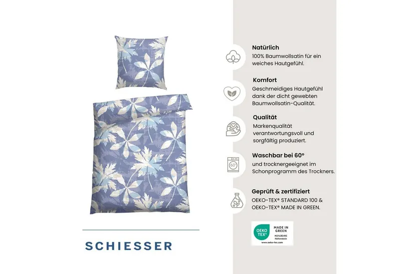 Schiesser Schiesser Bettwäsche Vera aus weichem Baumwoll-Satin mit floralem Muster, Satin, 2 teilig, OEKO-TEX® MADE IN GREEN, Blau, – Produktbild 3 von 5