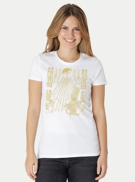 Peaces.bio - handbedruckte Biomode Peaces.bio - handbedruckte Biomode Damen Fit T-Shirt Sonnenscheibe Aton, Weiss, – Produktbild 2 von 2