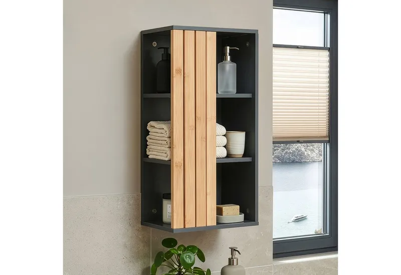 en.casa Hängeschrank »Svanes« 60 x 30 x 20 cm mit 3 Ablagefächern Dunkelgrau/Natur, Grau, – Produktbild 1 von 5