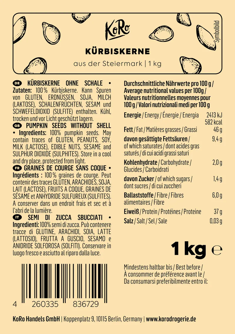 KoRo Kürbiskerne aus der Steiermark 1 kg – Produktbild 1 von 4