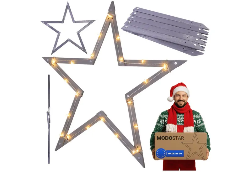 Modo24 Dekostern DIY MODOSTAR Weihnachtsstern Set aus FSC Holz 2D und 3D in 3 Breiten, zum Garten & Terrasse, wetterfest, faltbar & stabil, Weihnachtsdeko, Grau, – Produktbild 2 von 6