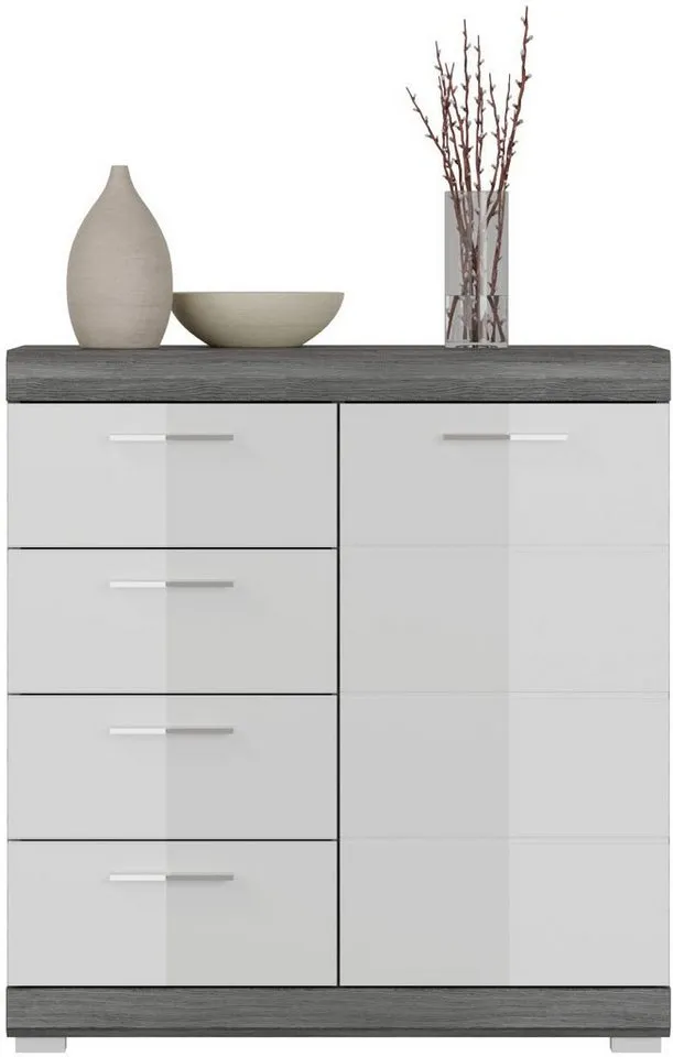 Home affaire Kommode SIENA, Breite 80 cm, 1 Tür, 2 Einlegeböden, 3 Fächer, 4 Schubkästen (hochwertige Rillenfräsung in MDF Front), Schuhkommode, Schuhschrank, Anrichte, Sideboard, Grau|silberfarben, – Produktbild 4 von 5