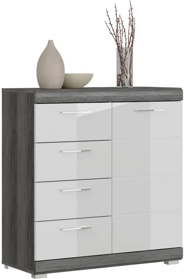 Home affaire Kommode SIENA, Breite 80 cm, 1 Tür, 2 Einlegeböden, 3 Fächer, 4 Schubkästen (hochwertige Rillenfräsung in MDF Front), Schuhkommode, Schuhschrank, Anrichte, Sideboard, Grau|silberfarben, – Produktbild 2 von 5
