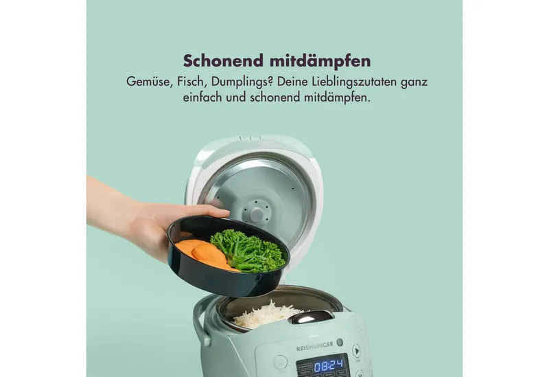 Reishunger Reishunger Reiskocher Digital Mini – 0,6 L – Multikocher – 8 Programme – Keramikbeschichtung, 350 W, Dämpfeinsatz, Messbecher, Reislöffel, Timer- und Warmhaltefunktion, Schwarz, – Produktbild 4 von 6