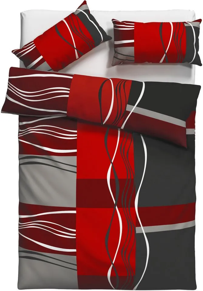 OTTO home Bettwäsche Kelian in Gr. 135x200, 155x220 cm u.a. Bettwäsche-Set mit Baumwolle, Polycotton recycelt, 2 teilig, in verschiedenen Qualitäten, gemusterte Bettwäsche, Grau|rot, – Produktbild 6 von 6