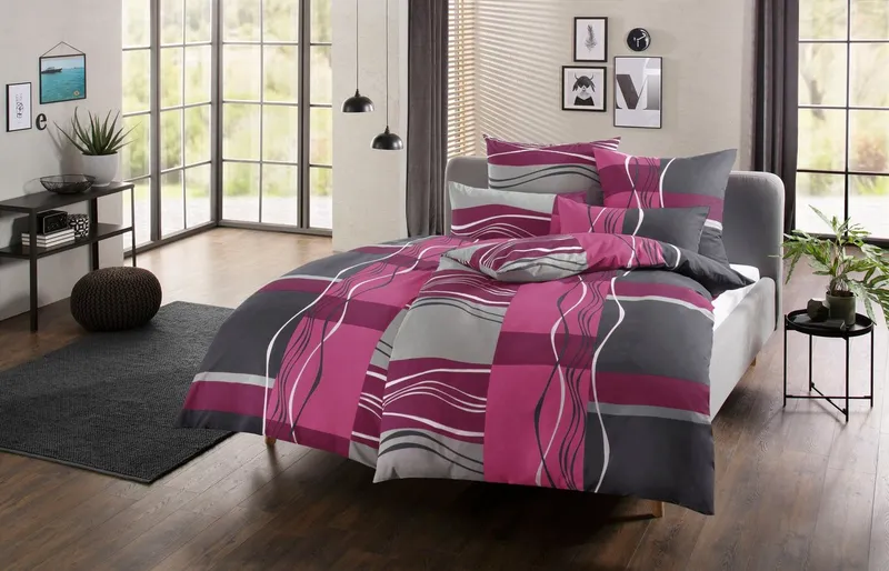 OTTO home Bettwäsche Kelian in Gr. 135x200, 155x220 cm u.a. Bettwäsche-Set mit Baumwolle, Polycotton recycelt, 2 teilig, in verschiedenen Qualitäten, gemusterte Bettwäsche, Grau|lila, – Produktbild 2 von 5