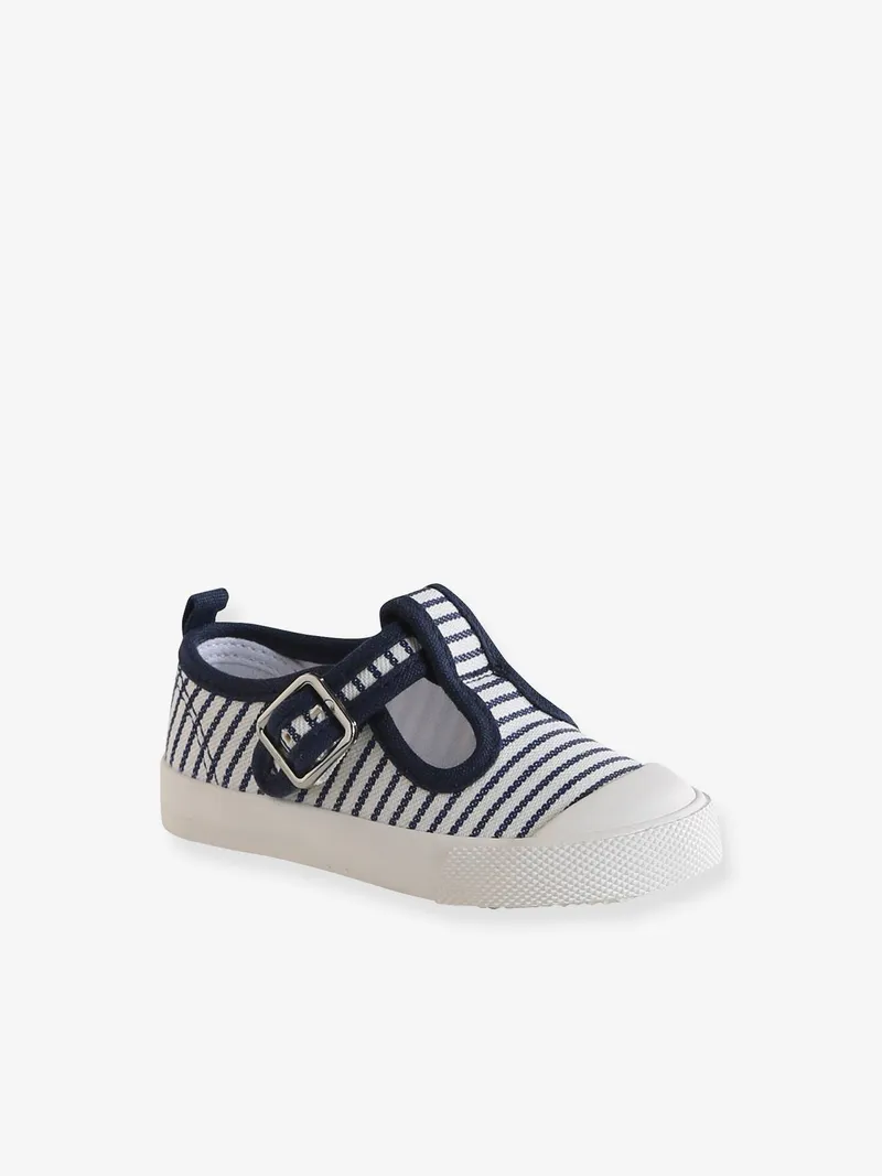 Vertbaudet Vertbaudet Baby Stoffschuhe mit Schnalle, Blau gestreift, – Produktbild 3 von 4