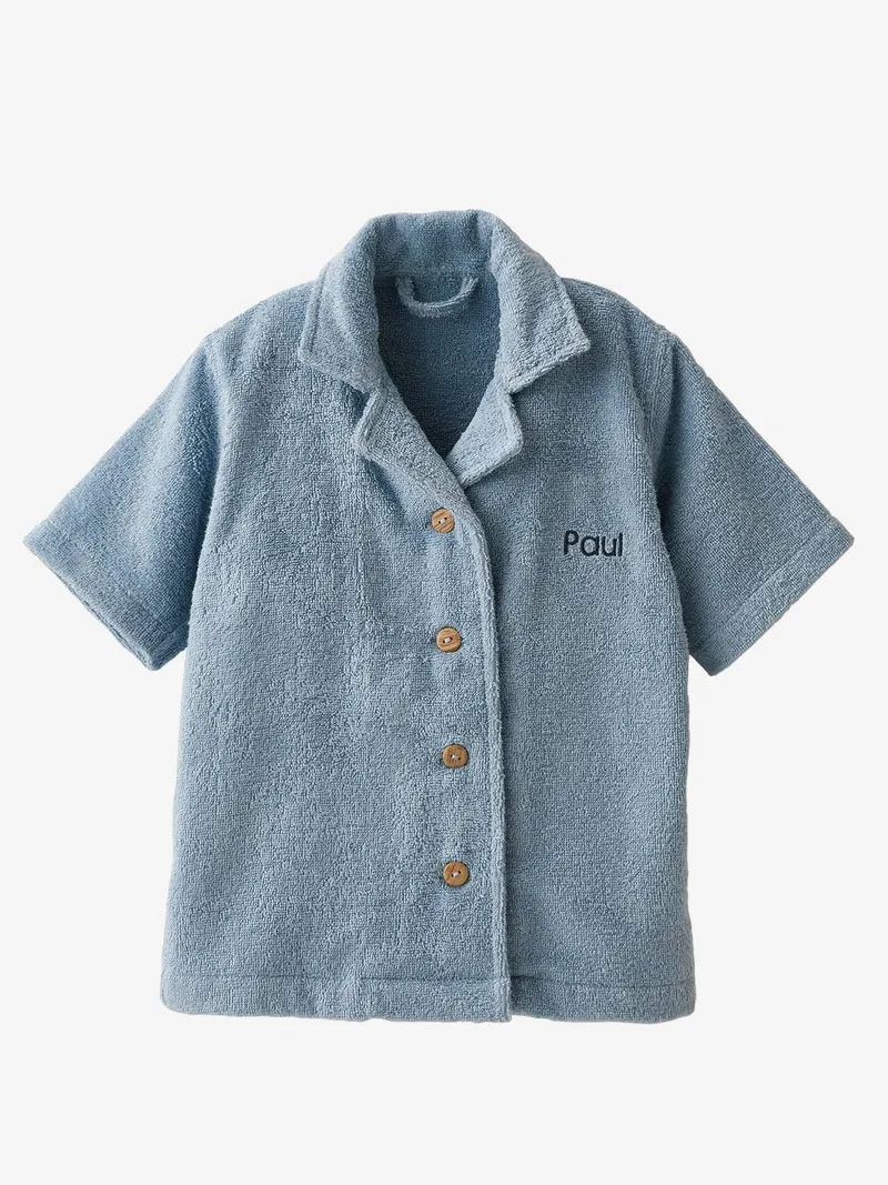 Vertbaudet Baby Bademantel mit Kragen und Knopfverschluss personalisierbar, Blau chambray, – Produktbild 2 von 3