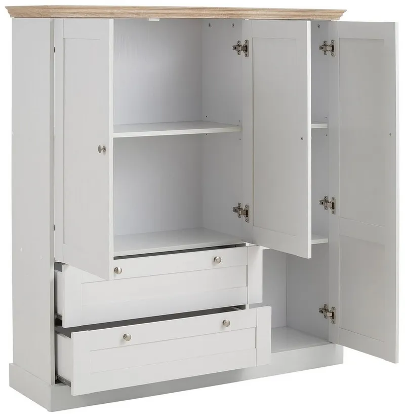 OTTO home Kleiderschrank Binz, Wäscheschrank, Mehrzweckschrank, skandinavischer Landhausstil (B/H/T ca. 122/130/35 cm) viele Stauraummöglichkeiten, Metallgriffe, Türen mit Rahmen/ Kassetten, Weiß, – Produktbild 5 von 5