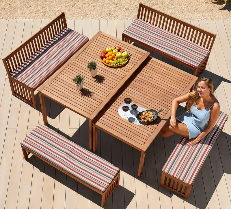 Merxx Merxx Garten-Essgruppe Hawaii, (4x Bänke, 2x Tische, 4x Sitzkissen), Akazienholz FSC® 100 %, Braun, – Produktbild 1 von 5