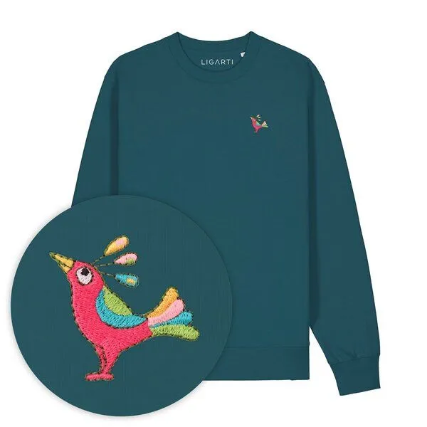 LIGARTI Bestickter Pullover – Patrischa der Paradiesvogel – LIGARTI Tiermanufaktur, Petrol, – Produktbild 1 von 4