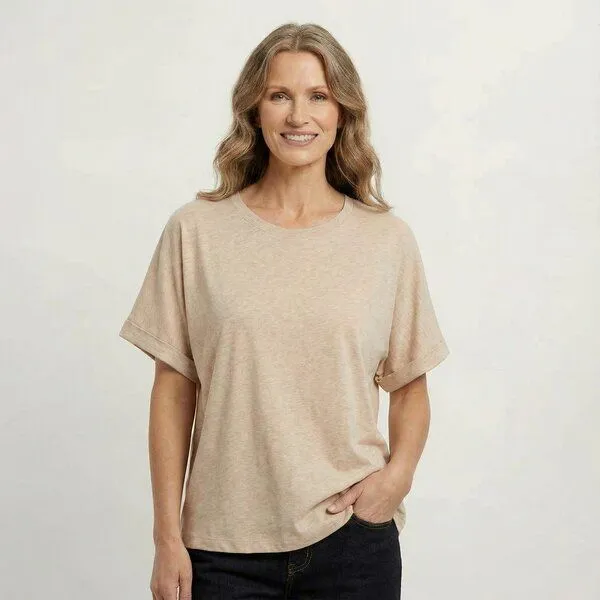 YTWOO YTWOO Oversize Damen T-Shirt aus nachhaltiger Bio-Baumwolle, Beige meliert, – Produktbild 1 von 3